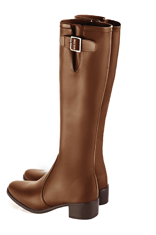 Caramel brown women's knee-high boots with buckles. Round toe. Low leather soles. Made to measure. Rear view - Florence KOOIJMAN